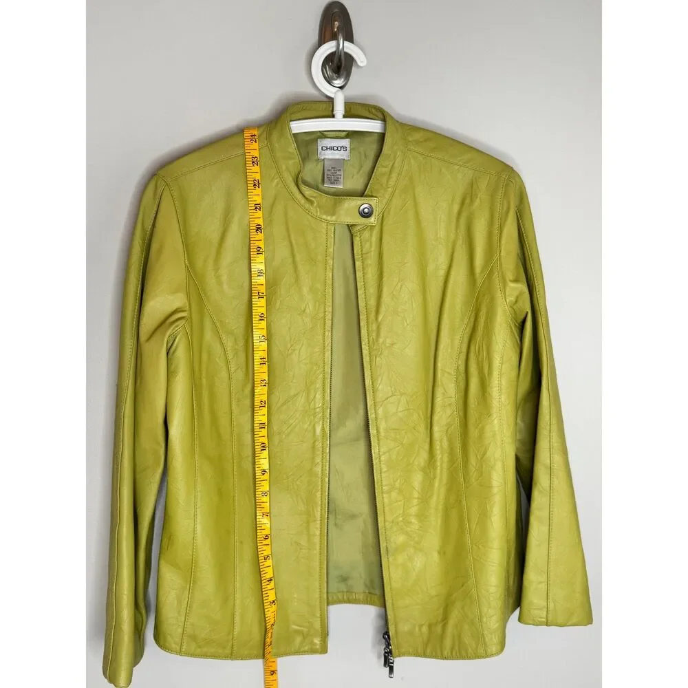 Chico's Lime Green 100% Leather Jacket Moto Zip Snap Collar Size 1 M/L - Picture 5 of 7